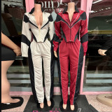Color-Block Smocked Waist Zip Top & Straight Leg Pants 2-Piece Set