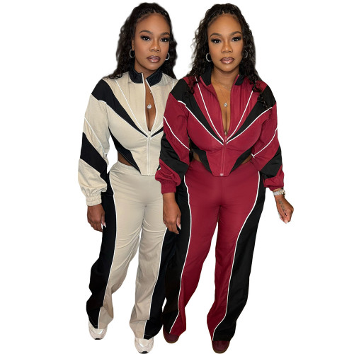 Color-Block Smocked Waist Zip Top & Straight Leg Pants 2-Piece Set