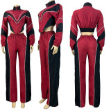 Color-Block Smocked Waist Zip Top & Straight Leg Pants 2-Piece Set