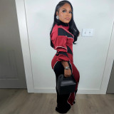 Color-Block Smocked Waist Zip Top & Straight Leg Pants 2-Piece Set
