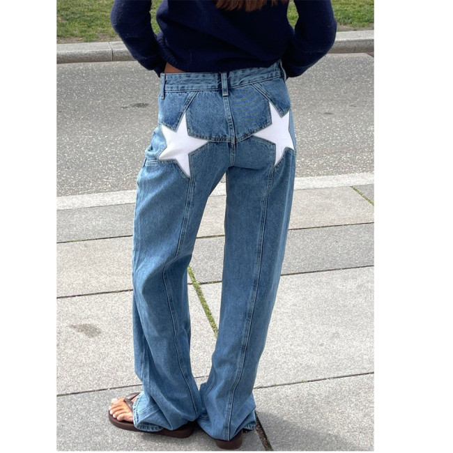 Retro Five-Star Denim Patchwork Casual Pants
