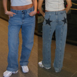 Retro Five-Star Denim Patchwork Casual Pants