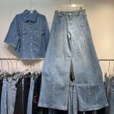 Lapel Denim Shirt + Heavy Duty Straight Wide Leg Jeans Two-Piece Set