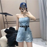 Denim Fashion Rhinestone High-Waist Slim Sleeveless Bustier Jumpsuit