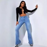 High-Waist Stretch Slimming Straight to Flare Leg Denim Pants