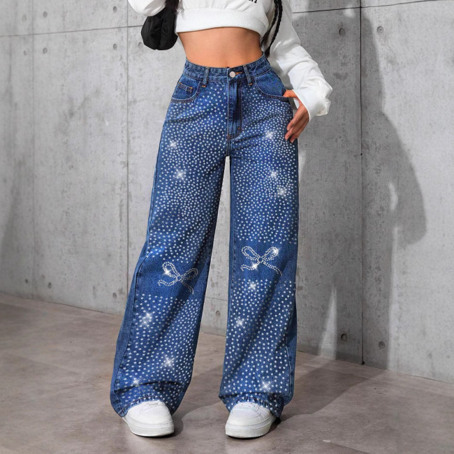 Blue Butterfly Rhinestone Embellished Relaxed Straight Leg Denim Jeans