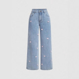 High-Waist Washed Bow-Tie Detail Wide Leg Denim Trousers