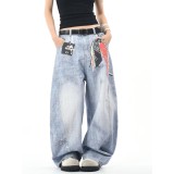 Printed Lace & Pearl Chain Distressed Jeans