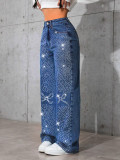Blue Butterfly Rhinestone Embellished Relaxed Straight Leg Denim Jeans