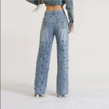 Ripped Cut Out Button Pocket Wide Leg Jeans