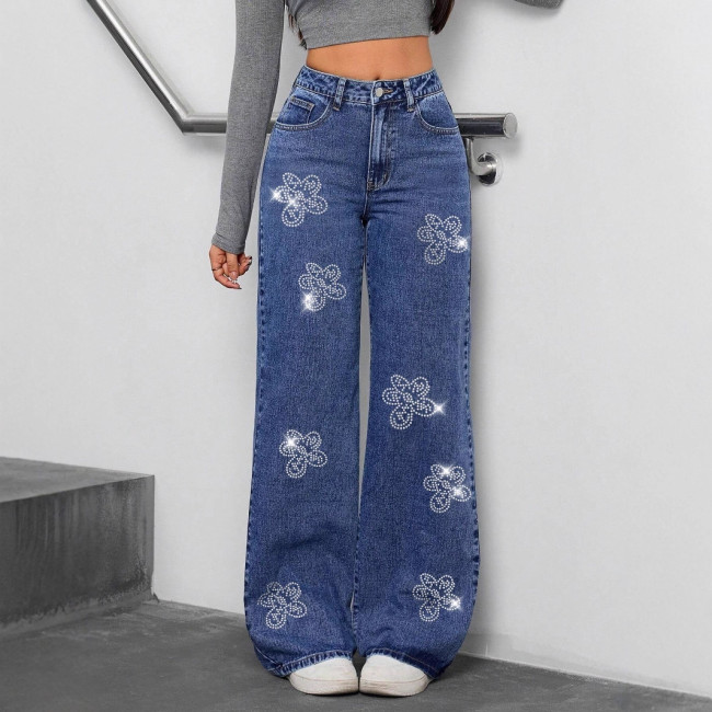 Floral Rhinestone Embellished Relaxed Straight Leg Denim Jeans