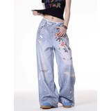Printed Lace & Pearl Chain Distressed Jeans