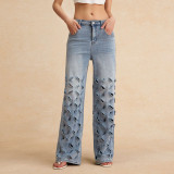 Ripped Cut Out Button Pocket Wide Leg Jeans