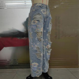 Floral Doodle Print Ripped High-Waist Loose Straight Leg Jeans