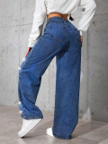 Blue Butterfly Rhinestone Embellished Relaxed Straight Leg Denim Jeans