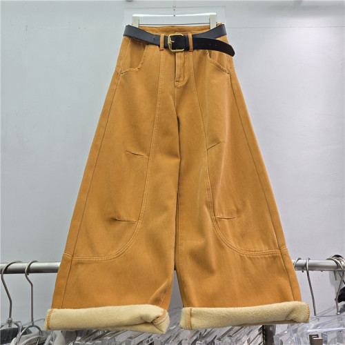 High-Waist Wide-Leg Pants Belted Fleece-Lined Jeans