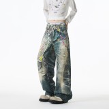 Printed Lace & Pearl Chain Distressed Jeans