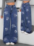Floral Rhinestone Embellished Relaxed Straight Leg Denim Jeans