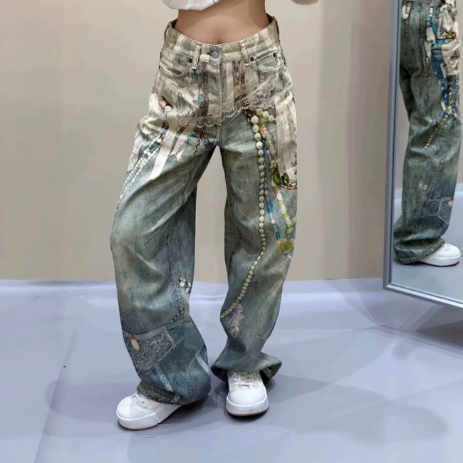 Printed Lace & Pearl Chain Distressed Jeans