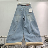 High-Waist Wide-Leg Pants Belted Fleece-Lined Jeans