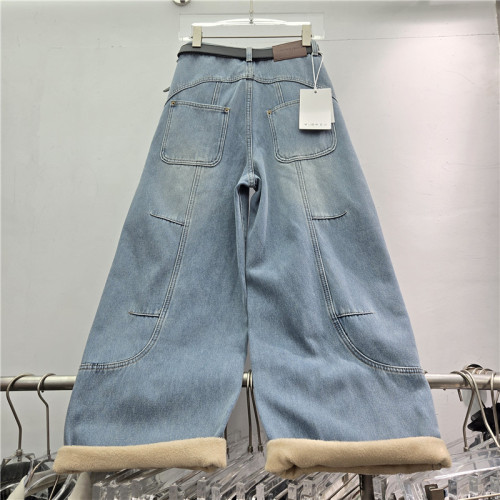 High-Waist Wide-Leg Pants Belted Fleece-Lined Jeans