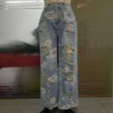 Floral Doodle Print Ripped High-Waist Loose Straight Leg Jeans
