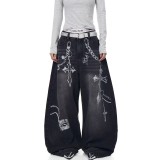 Printed Lace & Pearl Chain Distressed Jeans