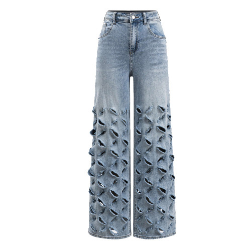 Ripped Cut Out Button Pocket Wide Leg Jeans