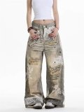 Printed Lace & Pearl Chain Distressed Jeans