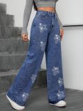 Floral Rhinestone Embellished Relaxed Straight Leg Denim Jeans