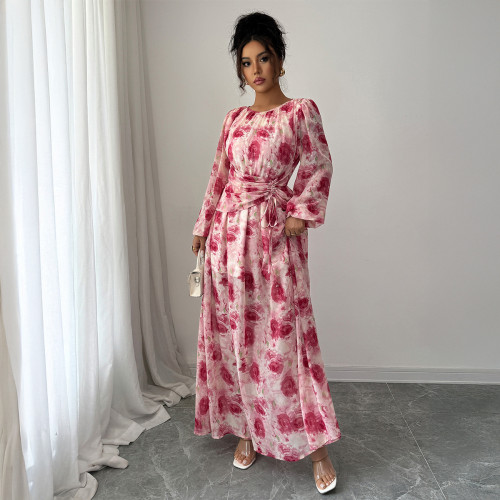 Floral Print Long Sleeve Maxi Dress with Elastic Waist