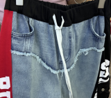 Unique Denim Patchwork Loose Long Sleeve Shirt + Elastic Waist Stylish Pants Two-Piece Set
