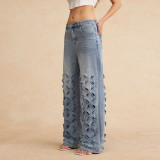 Ripped Cut Out Button Pocket Wide Leg Jeans