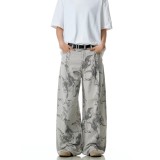 Printed Lace & Pearl Chain Distressed Jeans