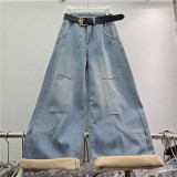 High-Waist Wide-Leg Pants Belted Fleece-Lined Jeans