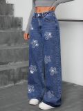 Floral Rhinestone Embellished Relaxed Straight Leg Denim Jeans