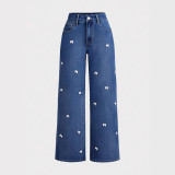 High-Waist Washed Bow-Tie Detail Wide Leg Denim Trousers