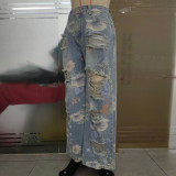 Floral Doodle Print Ripped High-Waist Loose Straight Leg Jeans