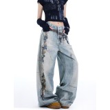 Printed Lace & Pearl Chain Distressed Jeans
