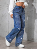 Blue Butterfly Rhinestone Embellished Relaxed Straight Leg Denim Jeans