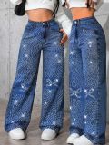 Blue Butterfly Rhinestone Embellished Relaxed Straight Leg Denim Jeans