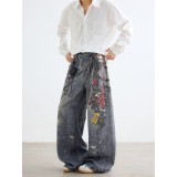 Printed Lace & Pearl Chain Distressed Jeans