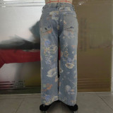 Floral Doodle Print Ripped High-Waist Loose Straight Leg Jeans