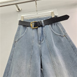 High-Waist Wide-Leg Pants Belted Fleece-Lined Jeans