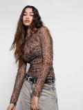 Fashion Mesh Round Neck Leopard Print Slim Fit Slimming Base Layer Top