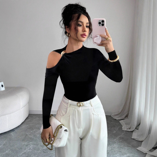 Asymmetric Neckline One Shoulder Metal Decor Slim Fit Slimming Top