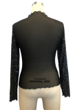 Glamorous Mock Neck Sheer Mesh Rhinestone Long Sleeve Top