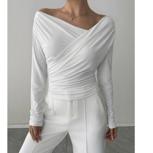 Solid Color Asymmetric Off-Shoulder Long Sleeve Top