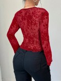 Women's V-Neck Lace Mesh Bell Sleeve Tops