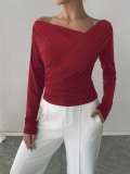 Solid Color Asymmetric Off-Shoulder Long Sleeve Top